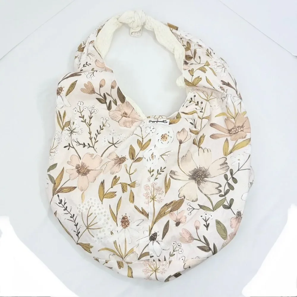Baggagean and Co. Pink Floral Cream Waffle Knit Soft Reversible Fabric Hobo Bag
